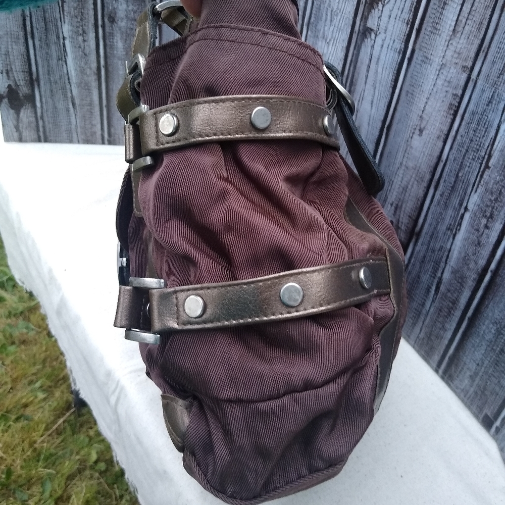 Rip Stop Nylon Faux Leather Buckle & Strap 3 Compartment Shoulder Bag - Picture 5 of 15